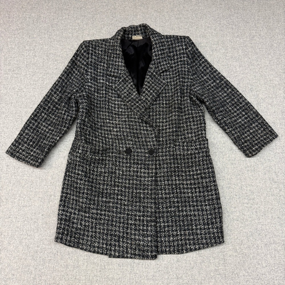 New Nine Houndstooth Coat Size S Black White Vintage Double Breasted Long Jacket